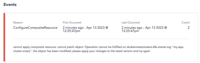Events showing the error cannot apply composite resource: cannot patch object